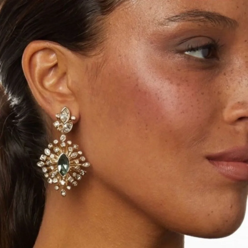 ALEXIS BITTAR • Gold Green Navette Crystal Burst Post Hinged Chandelier Earrings
